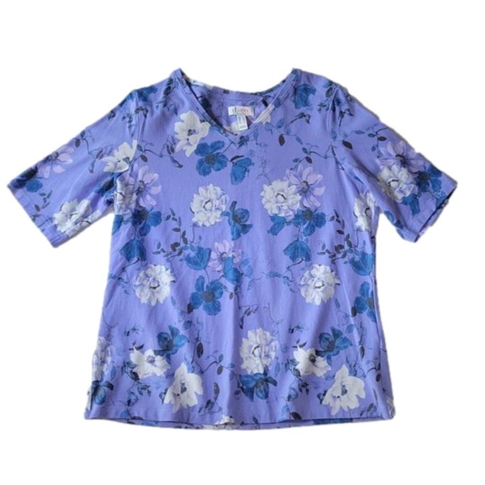 QVC Denim & Co Purple Blue White Floral V-neck Short Sleeve Top Medium EUC